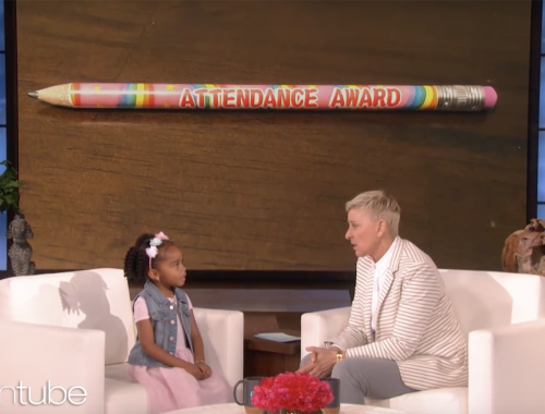 Taylor James visiting Ellen Degeneres discussing her pink perfect attendance pencil being taken