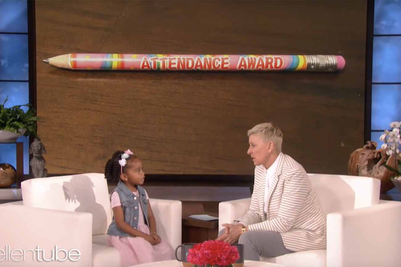 Taylor James visiting Ellen Degeneres discussing her pink perfect attendance pencil being taken